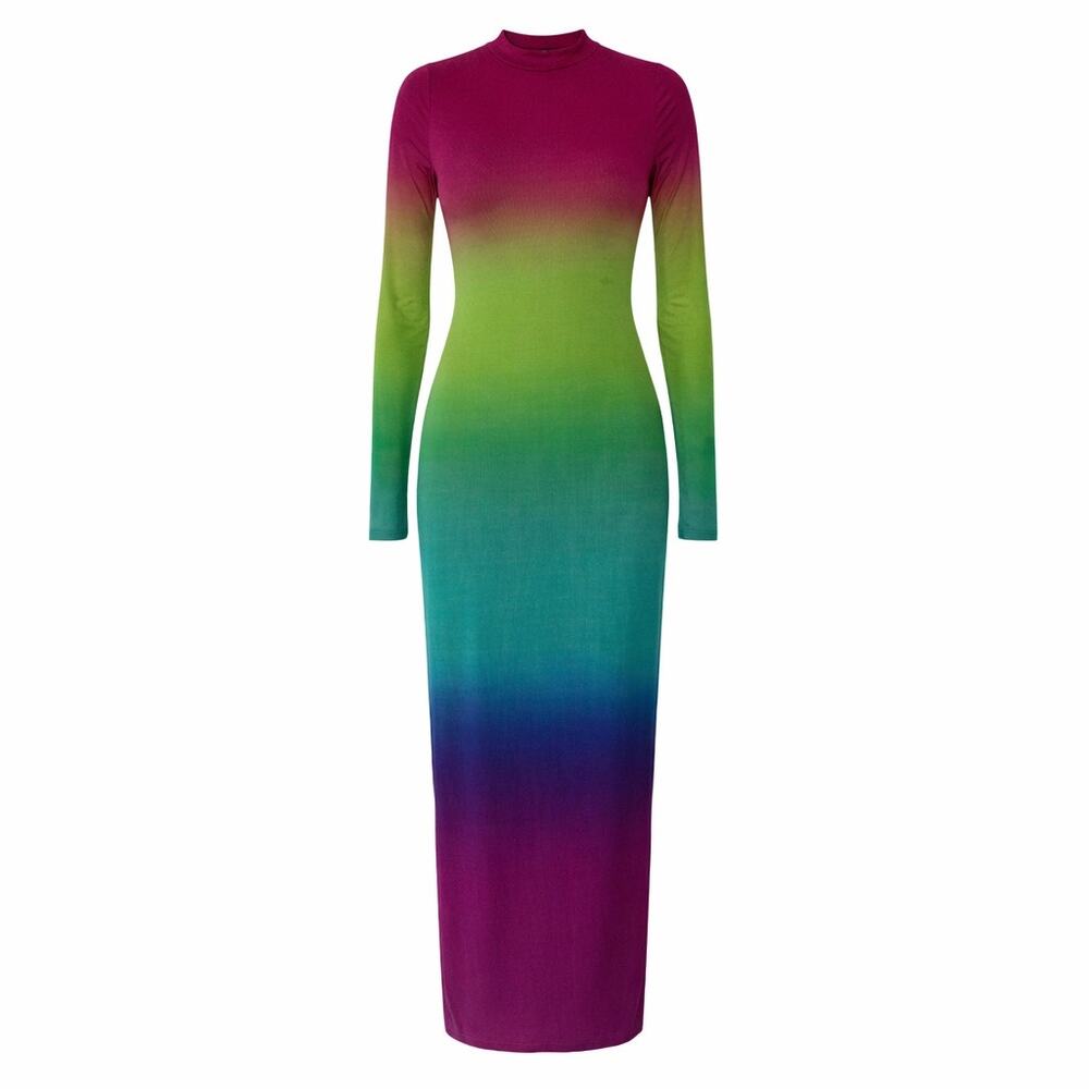 K Too Mock Neck Long Sleeve Bodycon Maxi Dress Stretch Rainbow Ombre Size Large